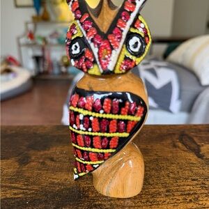 Dynamic Red and Black Tribal Art Owl Sculpture